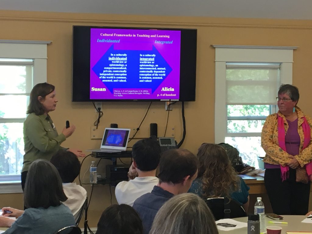 Susan D. Longerbeam (left) and Alicia F. Chavez address Bowdoin faculty