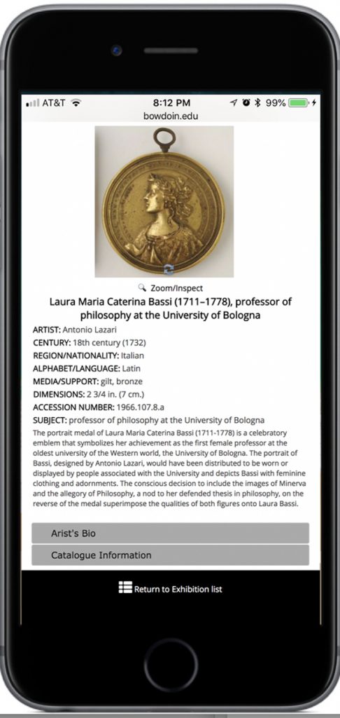 A screenshot featuring information about Antonio Lazari’s 1732 medal Laura Maria Caterina Bassi