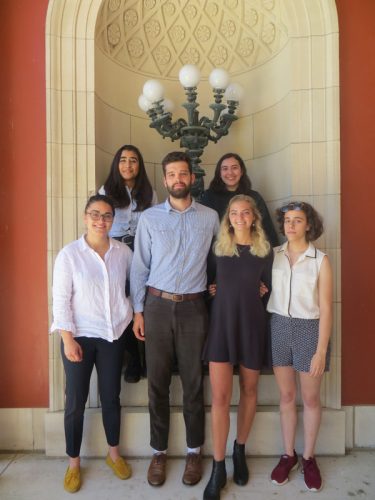 Bowdoin College Museum of Art interns, summer 2018. Top row left to right: Havana Caso-Dosembet ’20 and Ellie Sapat ’20; front row left to right: Allegra Bersani ’20, Miles Brautigam ’19, Sophie Washington ’19, and Sylvia Bosco, ’21.