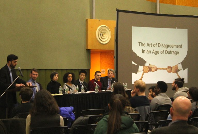 From left to right, government professor Michael Franz, Noah Finberg ’16, economics professor Dan Stone, gender and women’s studies professor Jen Scanlon, Rebkah Tesfamariam ’18, Ben Wu ’18, OpenMind’s Raffi Grinberg, and government professor Andy Rudalevige