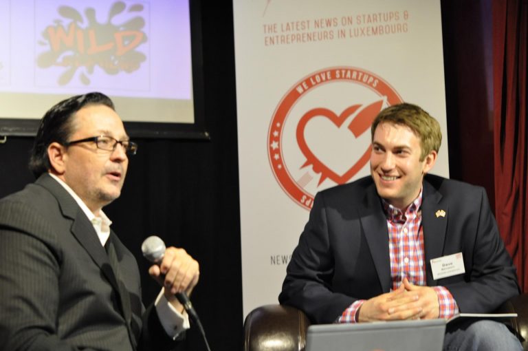 Bernstein (right), interviewing American entrepreneur, author, and business coach Rhett Power during a talk show style event for local entrepreneurs and investors in Luxembourg City, Luxembourg in 2014
