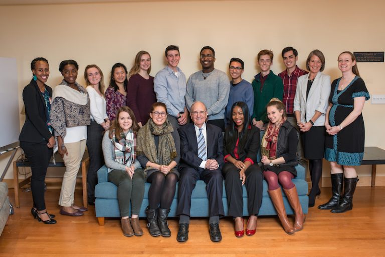 The 2018 Bowdoin Public Service students with former U.S. Sen. George Mitchell ’54, H’93. Besides the 10 sophomores and two seniors going to D.C., five juniors received fellowships for government/public service internships in Washington, D.C.