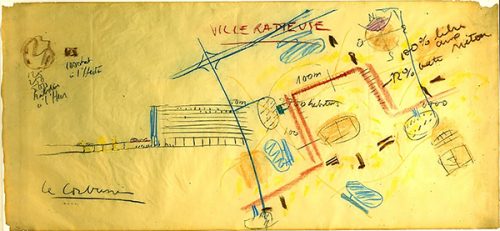 “Untitled (Plan for a Model City),” 1935, chalk, by Le Corbusier, French, 1887-1965). Gift of Mrs. Edith L. K. Sills, Honorary Degree, 1952. Bowdoin College Museum of Art.
