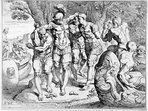 18th-century French engraving of Odysseus (Ulysses) on the island of the lotus-eaters. An ilIustration from Homer's Odyssey. Artist unknown