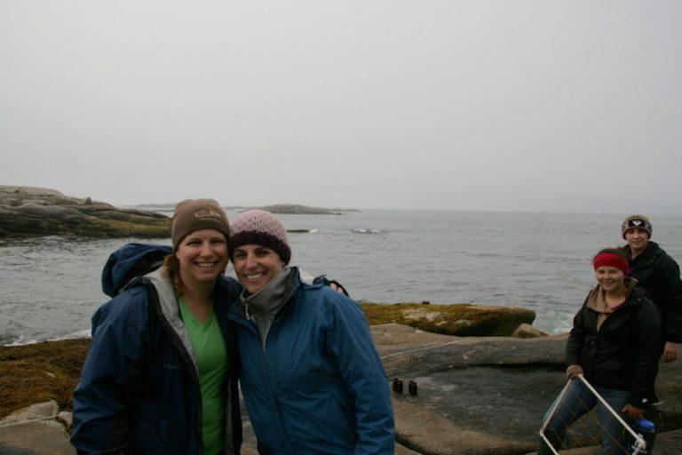 Sarah Kingston and Bobbie Lyon, former BMSS faculty and Coastal Studies Scholar, on Hurricane Island, one of the places students study snails. Also pictured are Emily Bodell, Wheaton College ’17, and Madeline Schuldt ’18, both BMSS 2015 students.