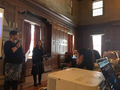 Associate Dean of Students for Diversity & Inclusion Kate Stern introduces the event’s moderator, Associate Professor of Religion Elizabeth Pritchard