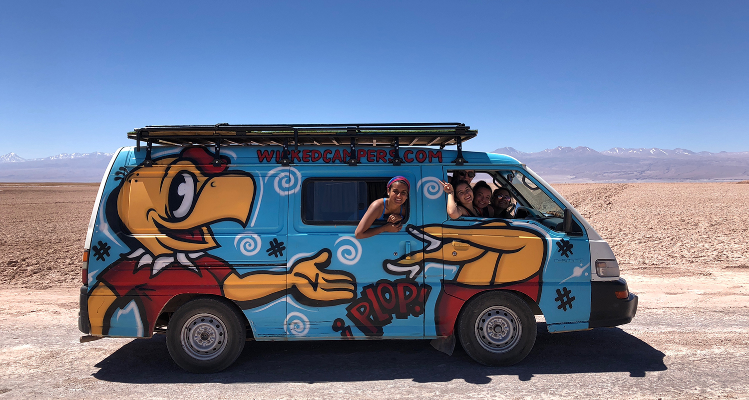 Rhianna and friends in a camper bus in Chile