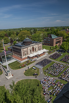 Aerial photo of the Bowdoin Quad during the commencement ceremony