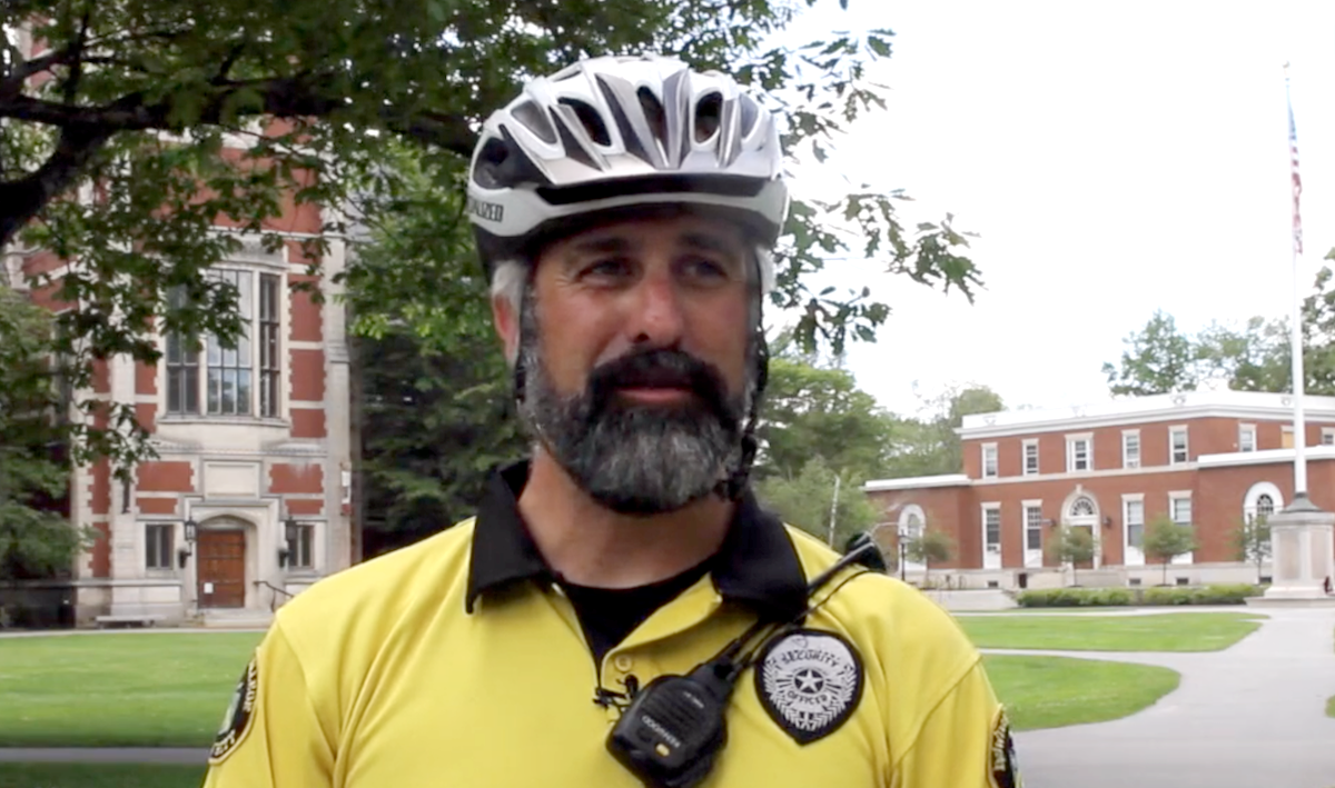 Allen Daniels in security uniform and bike helmet