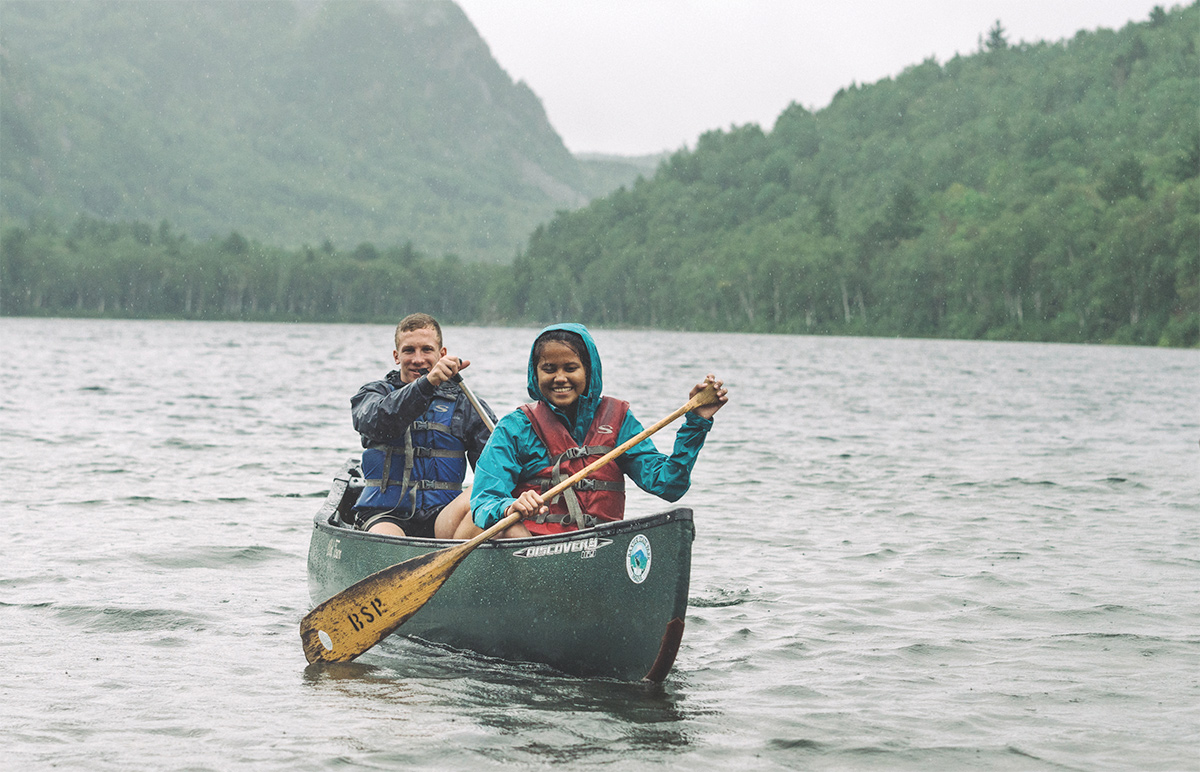 Ben Ross ’22 and Raima Chakrabarti ’22 paddle South Branch Pond in Baxter State Park on their Orientation trip in August 2018