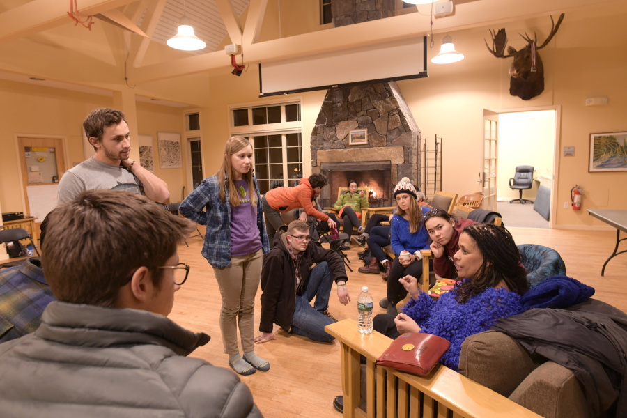 Carolyn Finney speaking with Bowdoin students