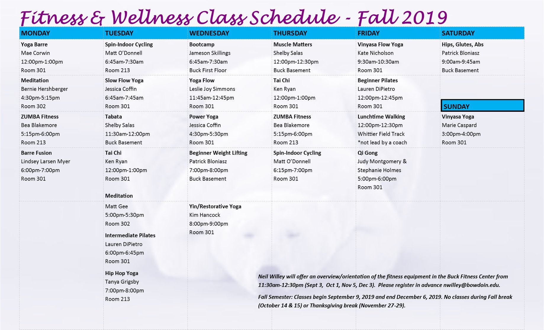 Fitness calendar for fall semester