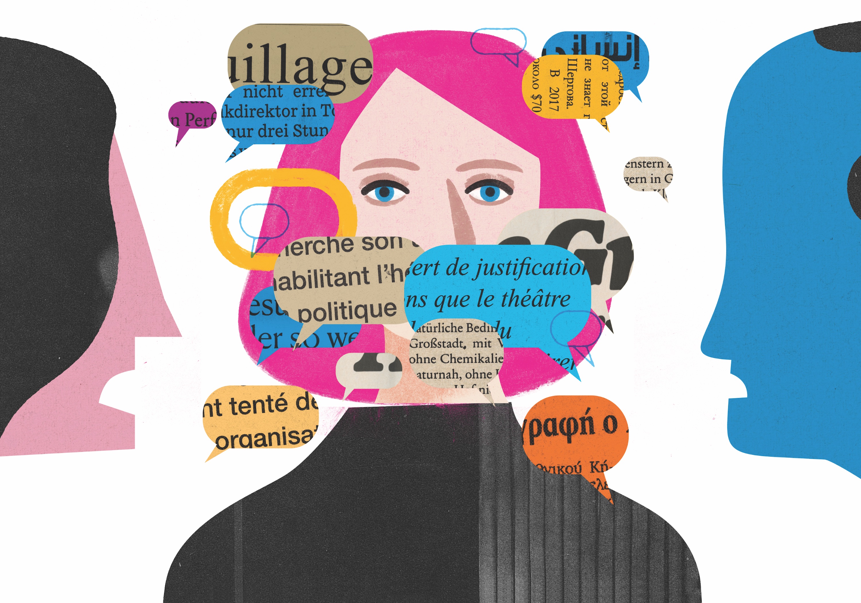 A person with pink hair, unmarked by gender, is staring forward. There is a man at one side of said person and a woman on the other side. They appear to be in an argument. Quote boxes filled with newspaper clippings in various languages are floating in front of their mouth (completely covering it). Quote boxes are also floating above their head. 
