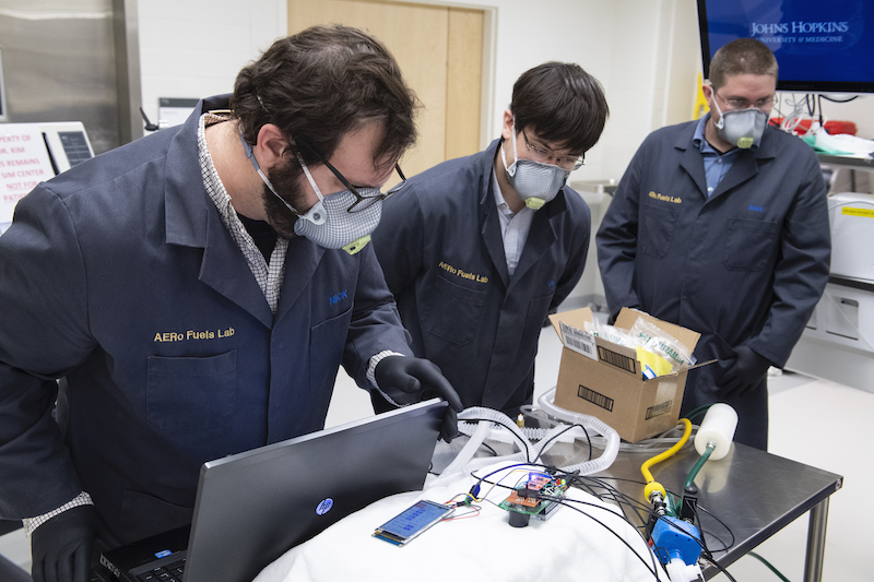 Ben Hill-Lam testing the ventilator prototype at Johns Hopkins hospital