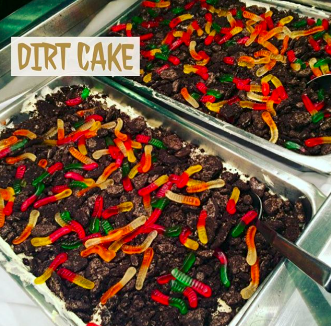 Dirt Cake photo chocolate cake with gummy worms