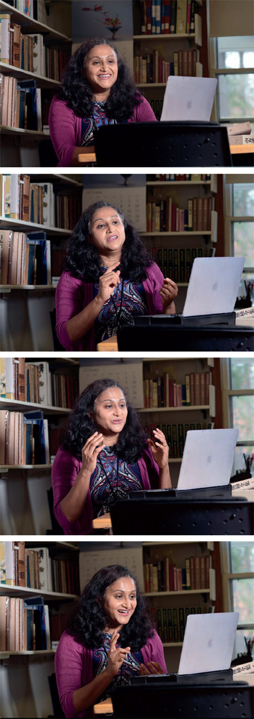 Associate Professor of Asian Studies Vyjayanthi Selinger, in her office at 38 College Street, conveys her passion for language and care for her students through the special online courses she developed over the summer.