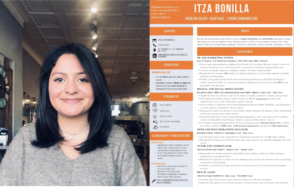 Itza Bonilla Hernandez ’20 and her resume.