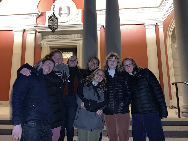 Class of 2020 friends Brendan Pulsifer, Allie Gross, Emily Cohen, Hannah Schleifer, Annie Rose, Grace Bukowski-Thall, and Julianna (Jules) Kiley on the steps of the Walker Art Museum during their "victory tour" of campus in March. Photos: courtesy of Manlio Calentti ’20.