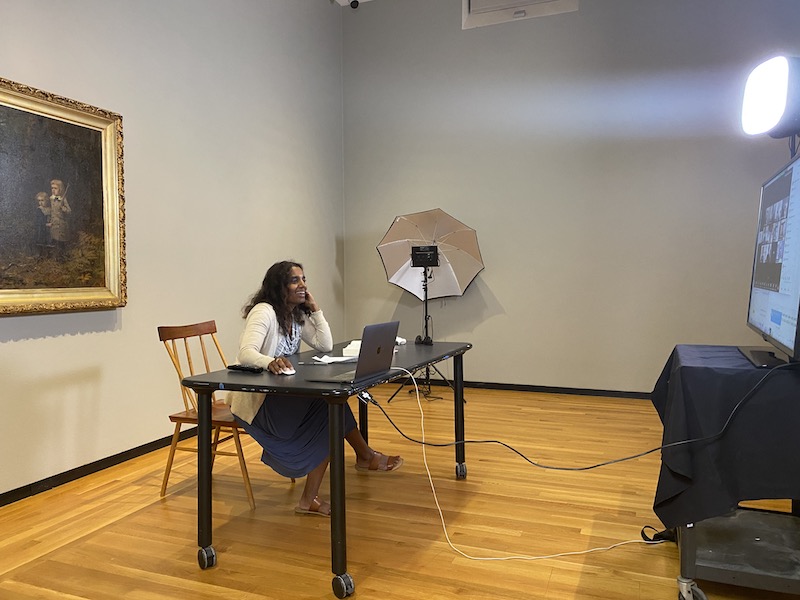 Tess Chakkalakal opted to livestream one of her classes for XX in the Museum recently, partly to elevate the class atmosphere—so students weren't just looking at a wall in her office or living room—and partly to take advantage of Bowdoin's "rich literary and artistic materials." She typically takes her class to the museum and to the archives to encourage students to explore the historical items that reinforce the themes the class discusses.