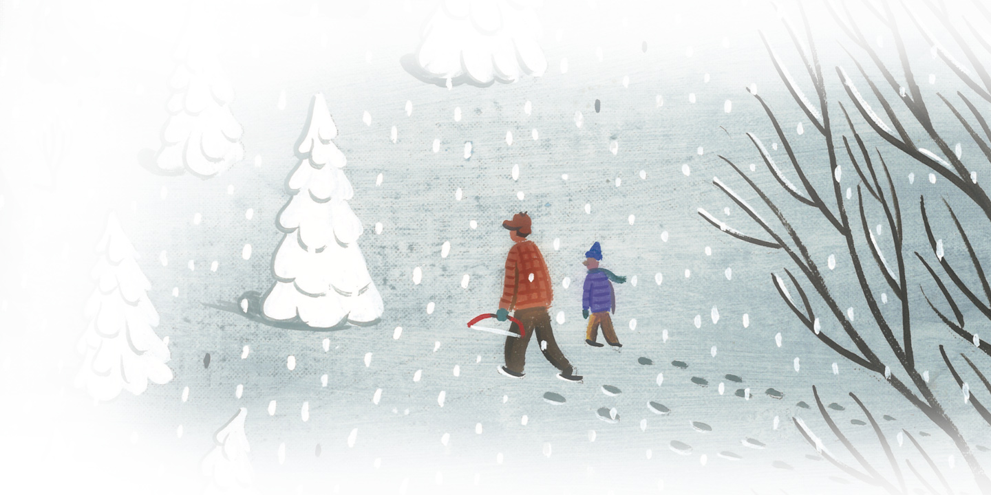 Detail of the illustration showing two figures hiking in the snowy woods.