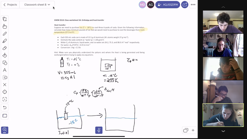 Kana Takematsu's Thermodynamics and Kinetics class is using different apps, including Explain Everything pictured here. It allows multiple people to work together on a pdf, scribbling and erasing as they inch closer to a solution.