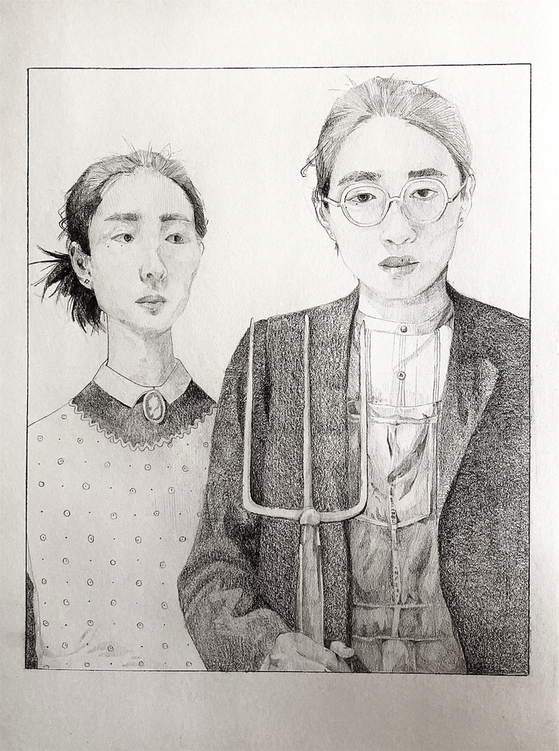 asian american gothic, by Abby Wang '23, pencil