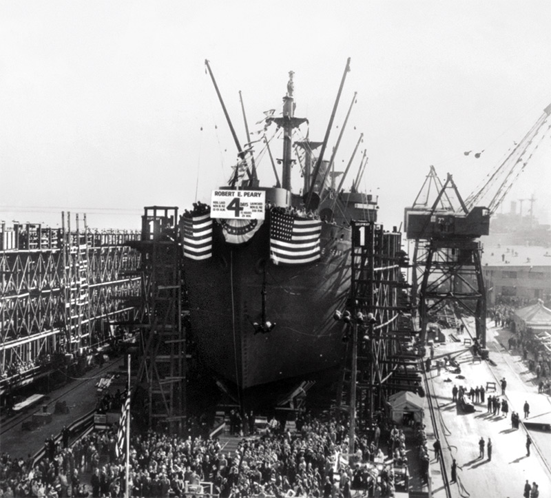 The SS Robert E. Peary ready to launch at Kaiser Shipyards in Richmond, California, on November 12, 1942. 
