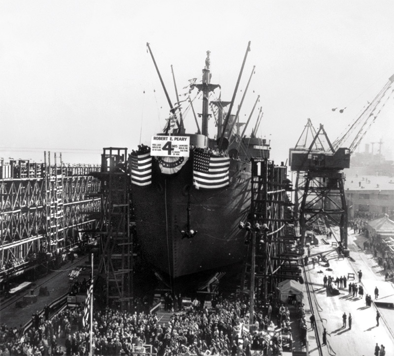 The SS Robert E. Peary ready to launch at Kaiser Shipyards in Richmond, California, on November 12, 1942.