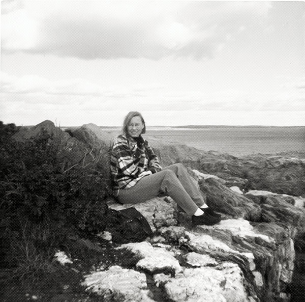 Helen Cafferty photographed at Giant’s Stairs in Harpswell in 1972, the year she began teaching at Bowdoin.