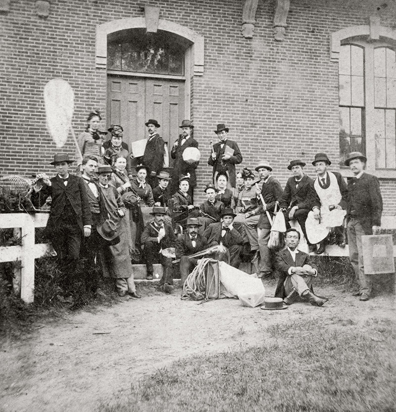 The 1877 Summer School of Science cohort, in front of Adams Hall, included several female students who joined members of the Bowdoin Class of 1877 for the program.