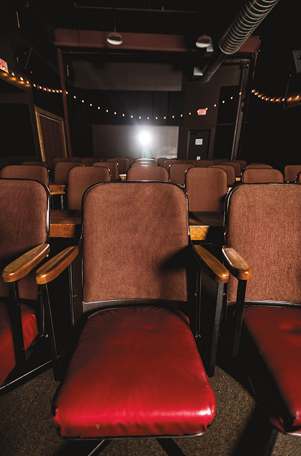 Brunswick’s Frontier Cinema was renovated with many recycled materials and features vintage seats from the old Biddeford City Theater in Biddeford, Maine.