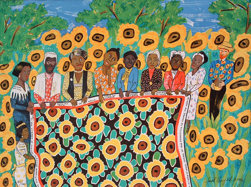 The Sunflower Quilting Bee at Arles, 1996, lithograph by Faith Ringgold, American, born 1930. Gift of Julie L. McGee, Class of 1982.