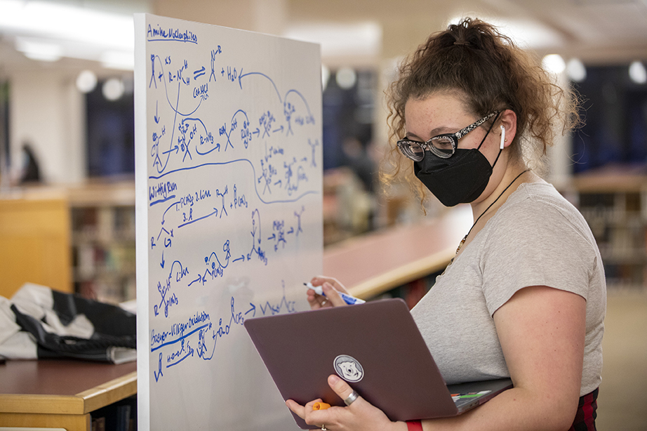A student standing in front of a whiteboard in a brightly lit library room. She is looking at a laptop cradled in her left arm and about to write on the whiteboard with a blue marker in her right hand.