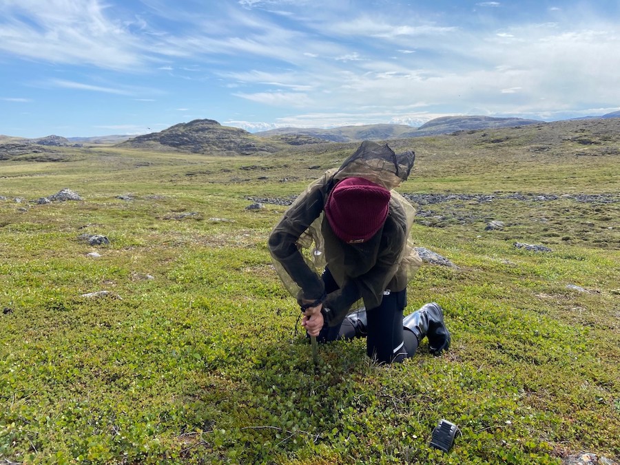 Ana Gunther collects  a soil sample