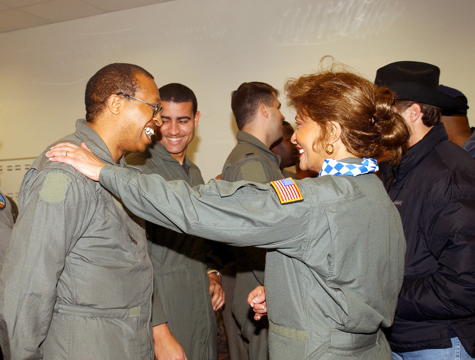 At Ramstein Air Base, Germany, in 2001, Janet Langhart Cohen visits with troops to thank them for their hard work during Operation Freedom.