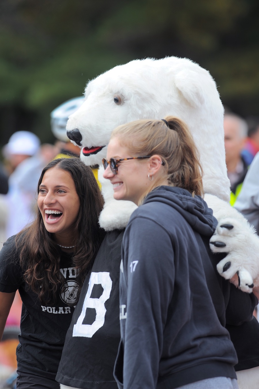 Alumnae hang out with the polar bear mascot