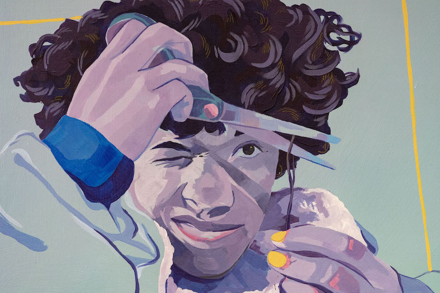 A painting of curly-haired student squinting as he cuts a strand of his hair