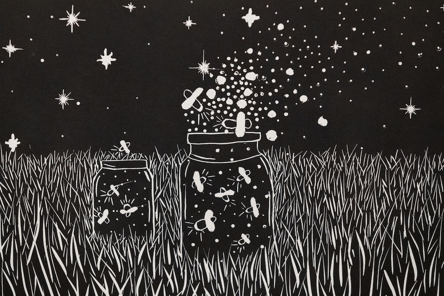 A black-and-white print of an open jar of fire flies in a starry meadow