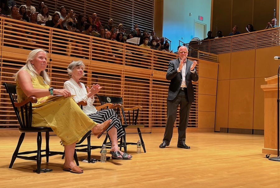 President Rose, Dean Scanlon, and Dean Lohmann share the stage in Studzinski Hall