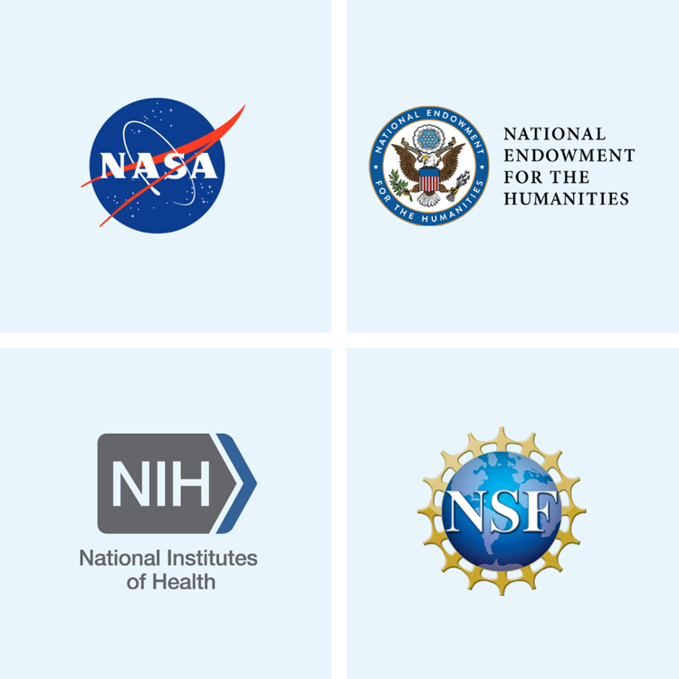 granting institution logos, including NASA, NEH, NIH, and NSF