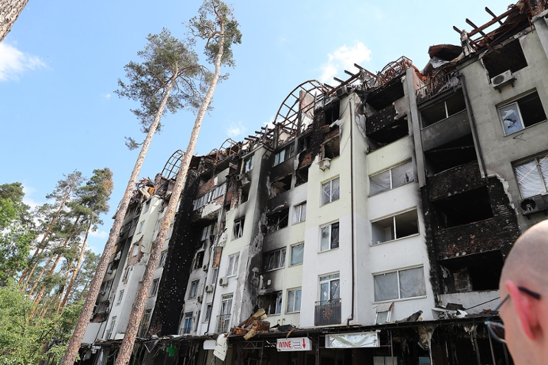 shelled building in Irpin