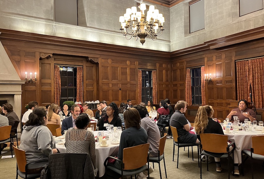 Students and alumni at the Law dinner in main lounge