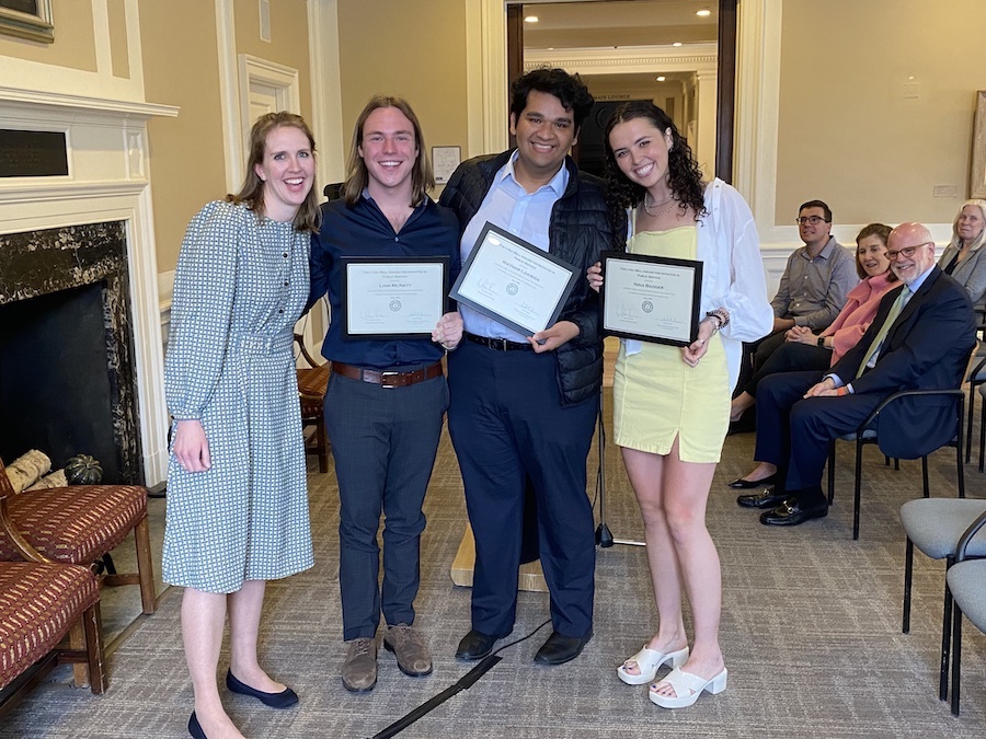 Samantha Cogswell, with Liam Nett, Maynor Loaisiga ’22, Liam McNett ’22