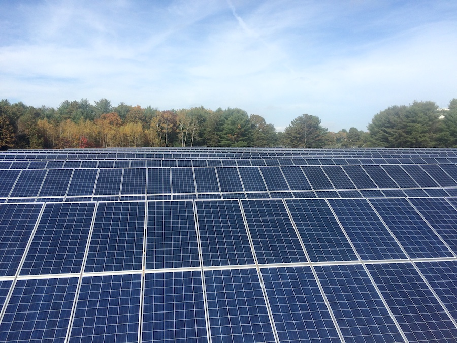 View of solar panels and blue sky