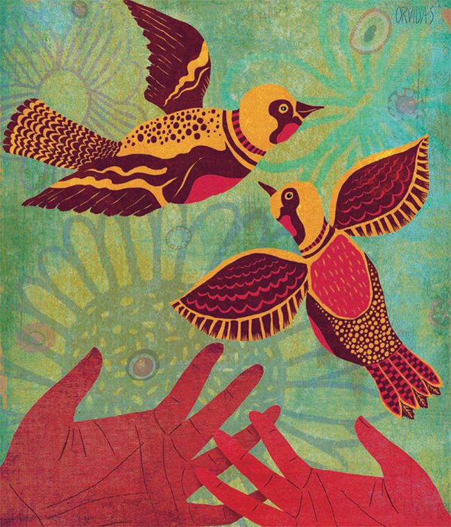 Illustration of birds and hands by Ken Orvidas