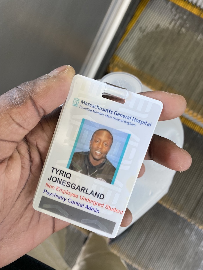 Tyriq displays his Massachusetts General Hospital ID