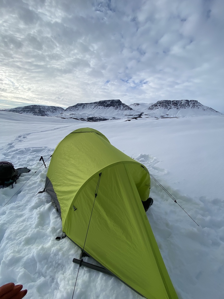 Their green tent on four feet of snow