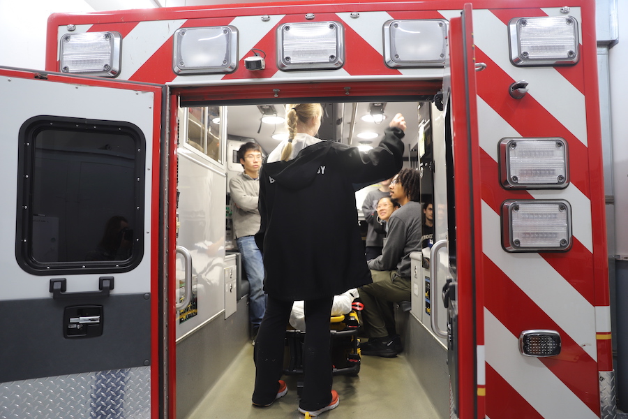 Students learn about the ambulance