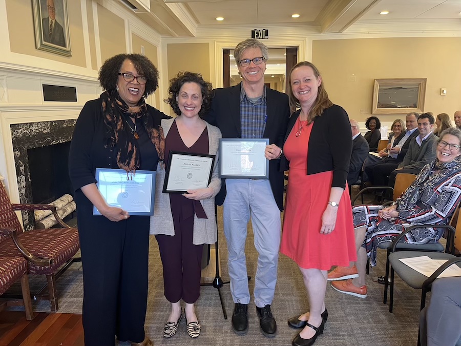 Monica Bouyea ’14, center, with Samaa Abdurraqib of the Maine Humanities Council and Veronica Pounds from Indigo Arts Alliance.