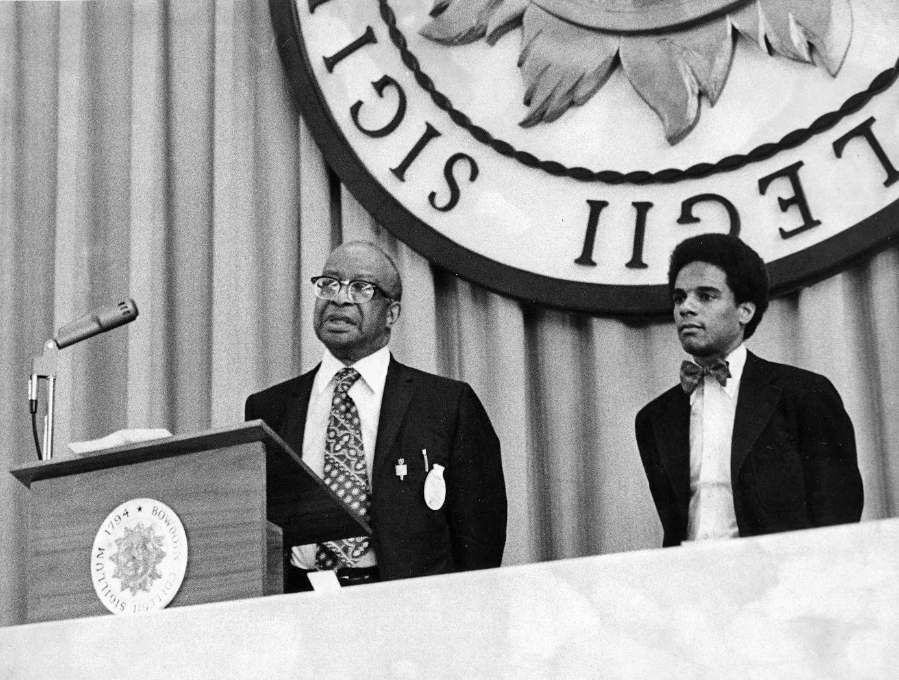 Kenneth I. Chenault (1973) presents Dr. Herman S. Dreer (1910) with the Afro-American Society's first Outstanding Alumnus Award at Bowdoin College in 1973.